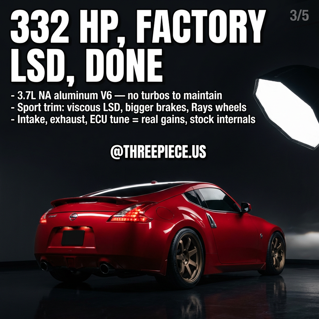 Nissan 370Z Sport rear view showing factory Rays forged wheels and viscous LSD