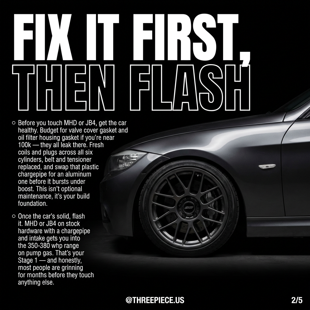 BMW E90 335i N54 engine bay showing twin-turbo inline-six