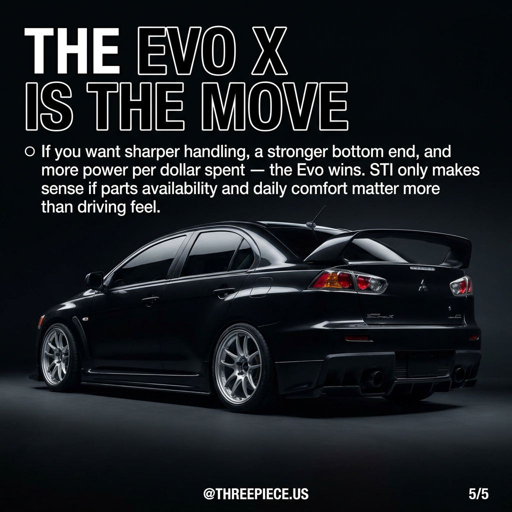 Mitsubishi Evo X with aftermarket wheels and lowered suspension