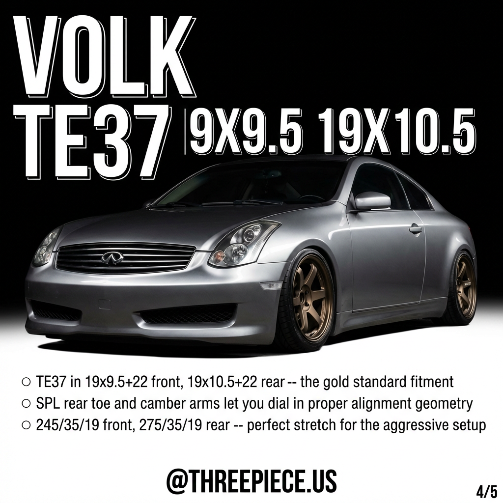 Volk TE37 wheels on G35 coupe showing staggered 19x9.5 and 19x10.5 fitment