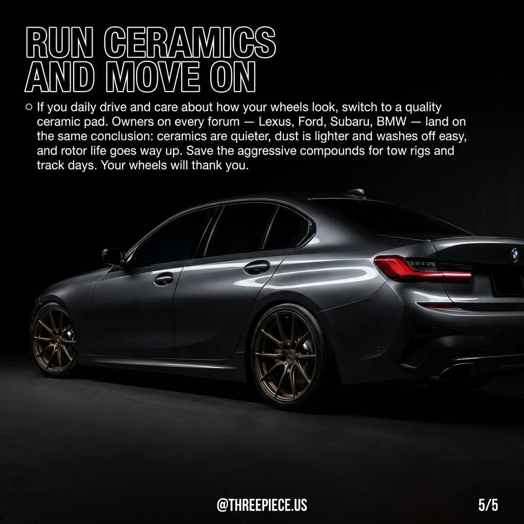 Clean aftermarket wheels on a daily-driven car with ceramic brake pads