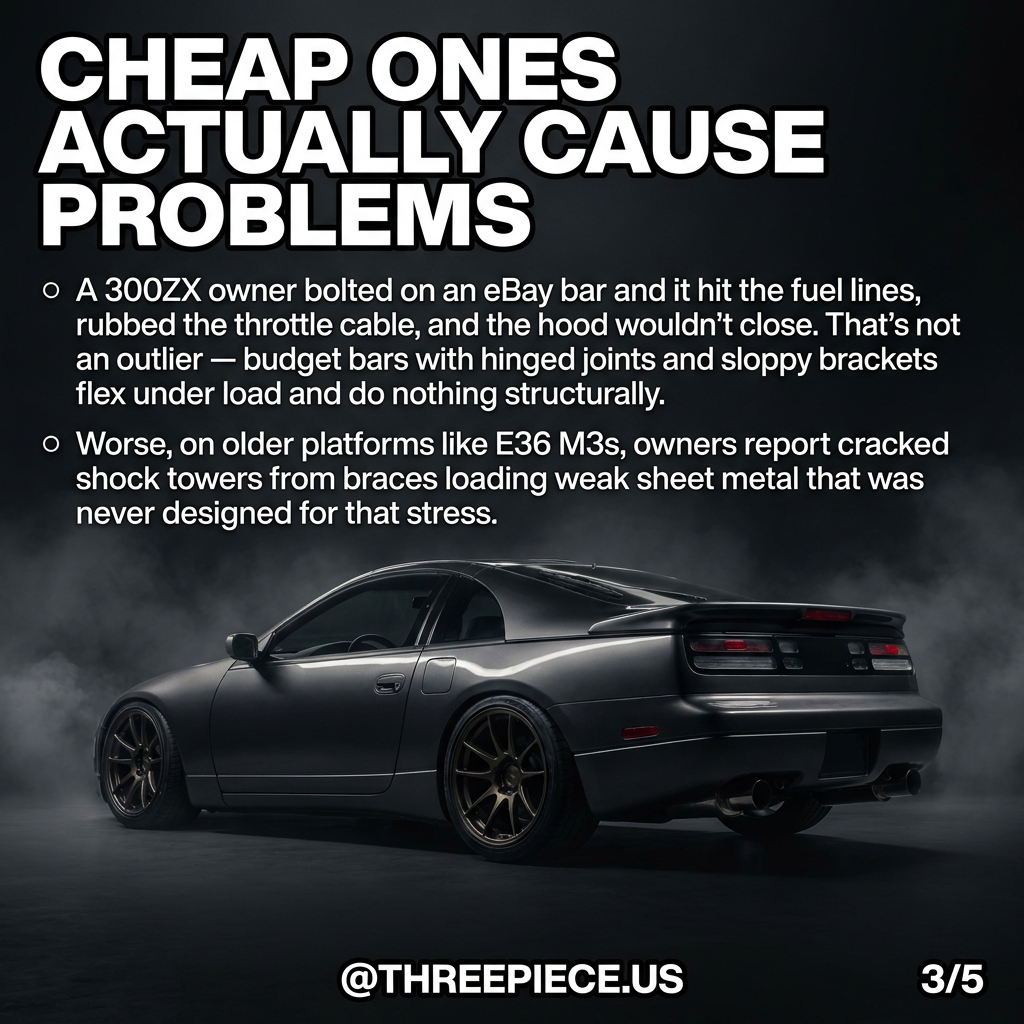Cheap eBay strut tower bar causing hood clearance and fuel line interference issues