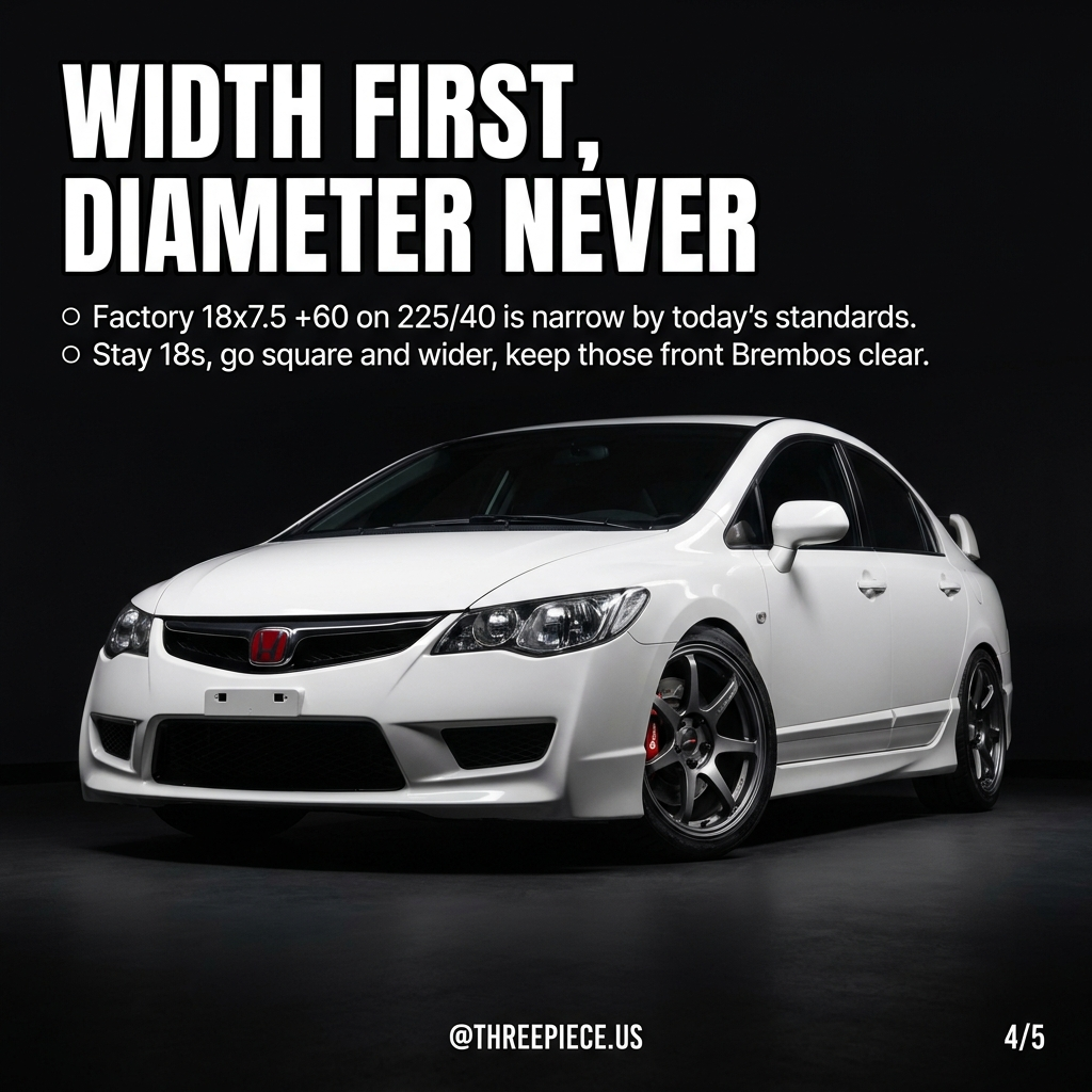 FD2 Civic Type R wheel fitment 18x9.5 five-spoke over Brembo front brakes