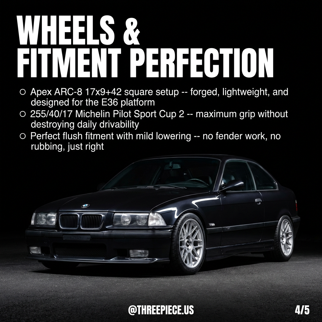 Apex ARC-8 wheels 17x9+42 square setup on BMW E36 M3 with perfect fitment