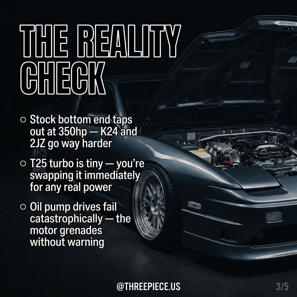 SR20DET engine internals showing stock bottom end limitations