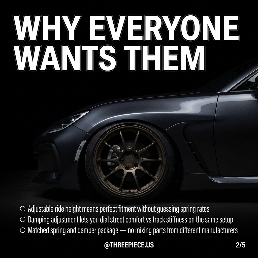 Adjustable coilover damper showing height and compression adjustment knobs