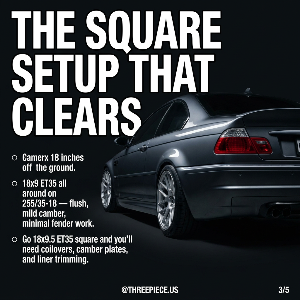 BMW E46 M3 with square 18x9 ET35 wheel setup showing flush fitment