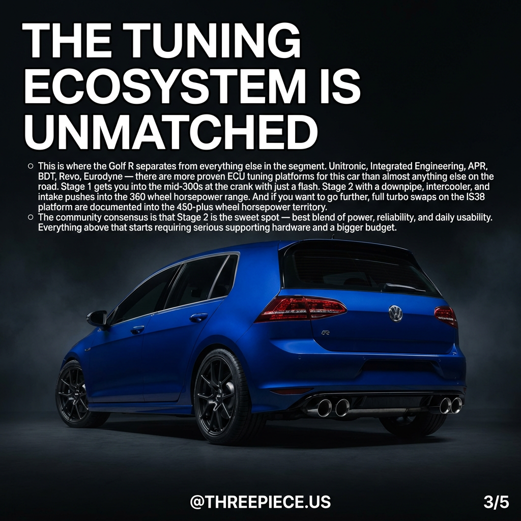 Volkswagen Golf R Mk7 modified with lowered suspension and aftermarket wheels at a car meet