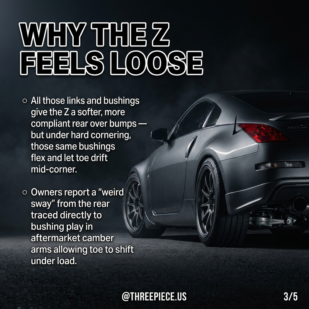 350Z rear suspension under load showing toe drift caused by bushing flex in multi-link arms
