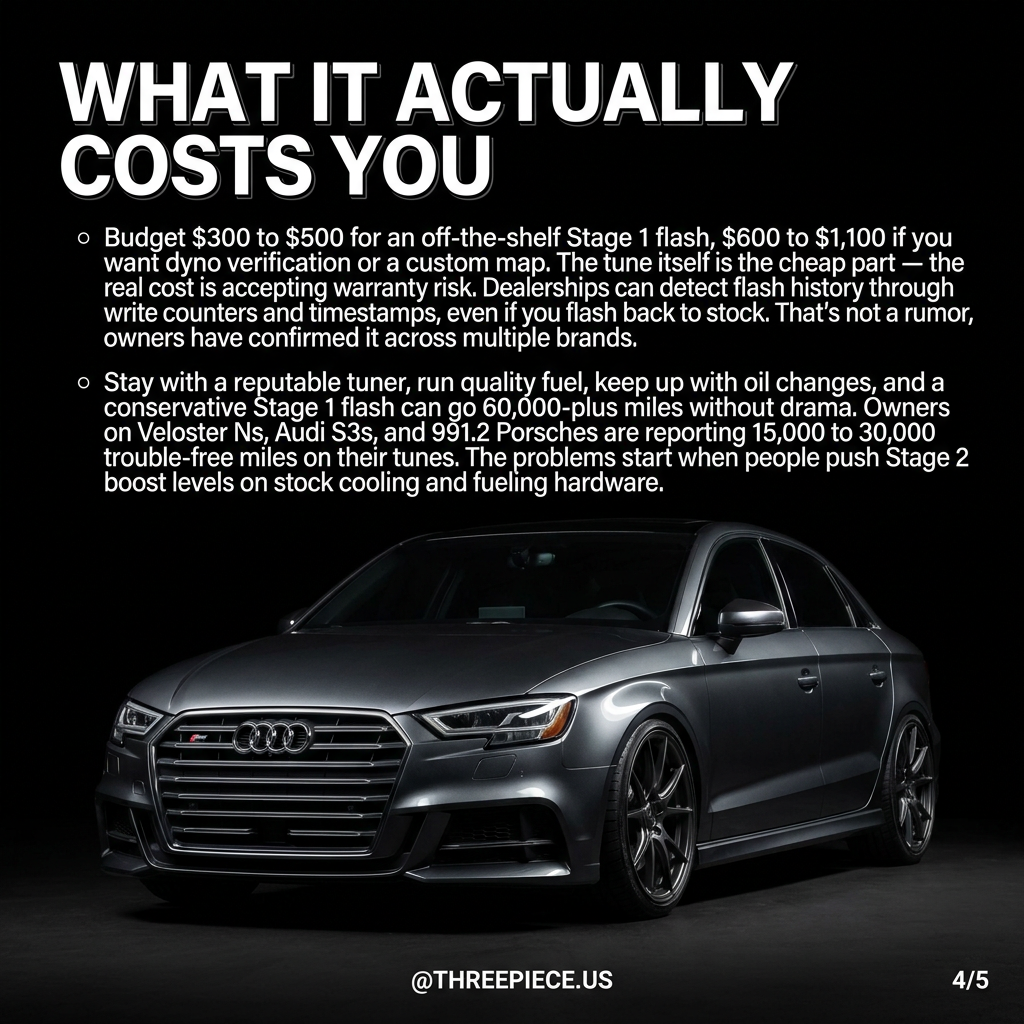 ECU tune cost breakdown showing Stage 1 and Stage 2 pricing with supporting modifications