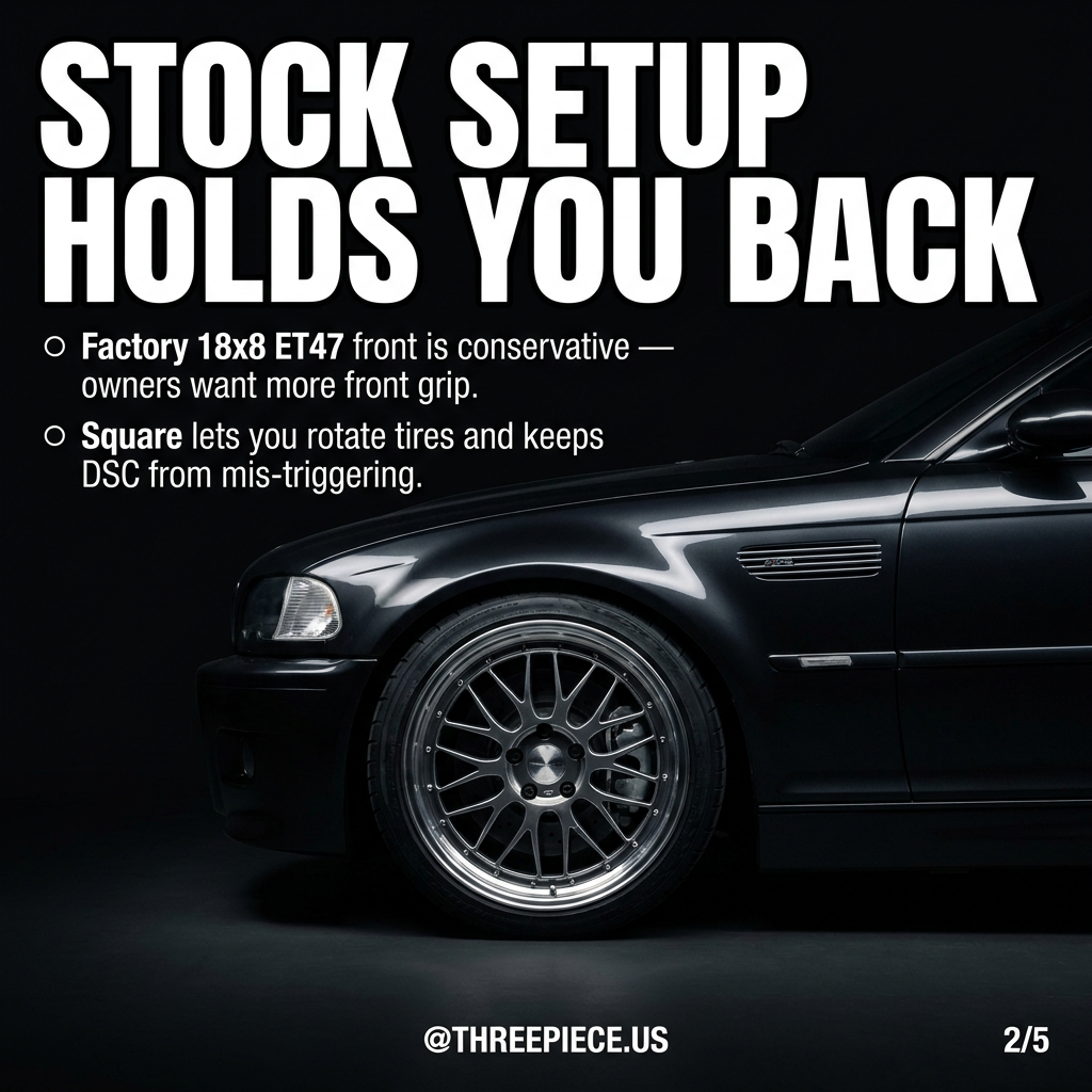 BMW E46 M3 stock staggered wheel setup showing conservative front fitment