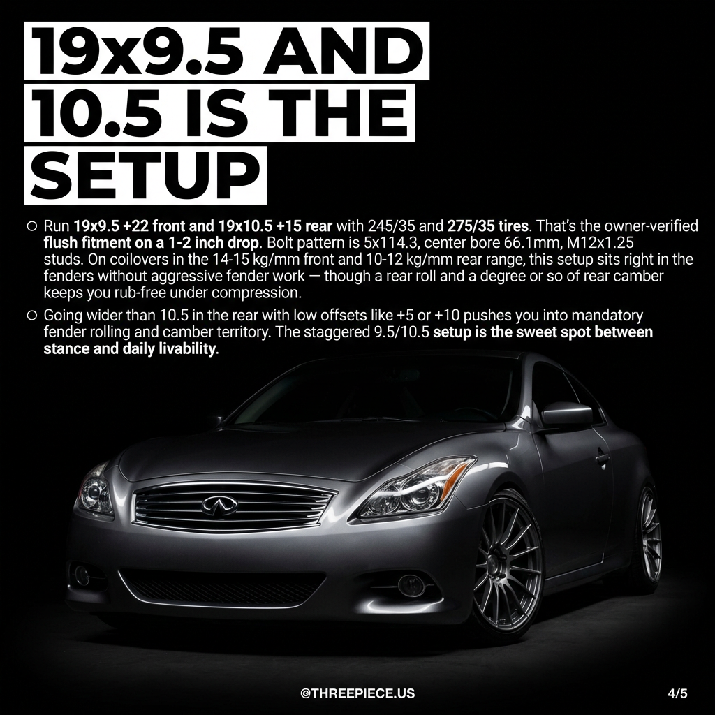 Infiniti G37 Sport with staggered 19-inch aftermarket wheels flush fitment