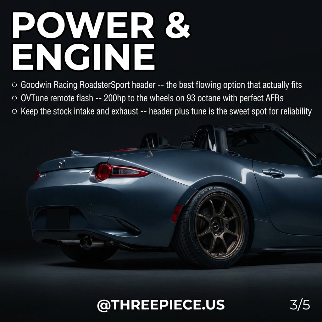 ND Miata engine bay with header and intake modifications