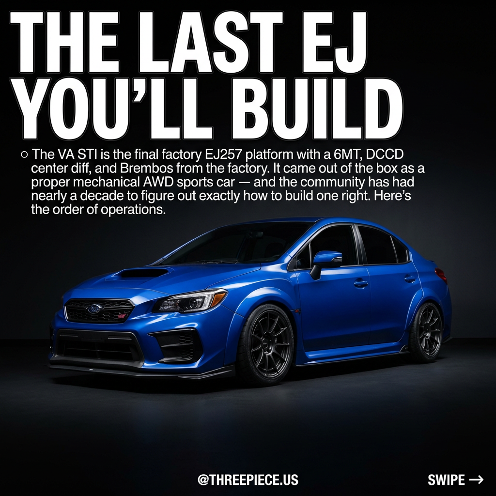 2015-2021 Subaru WRX STI VA sedan with aftermarket wheels and lowered suspension
