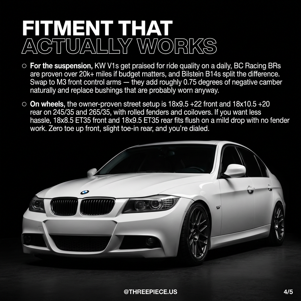 BMW E90 335i N54 full bolt-on build with aftermarket wheels and lowered suspension