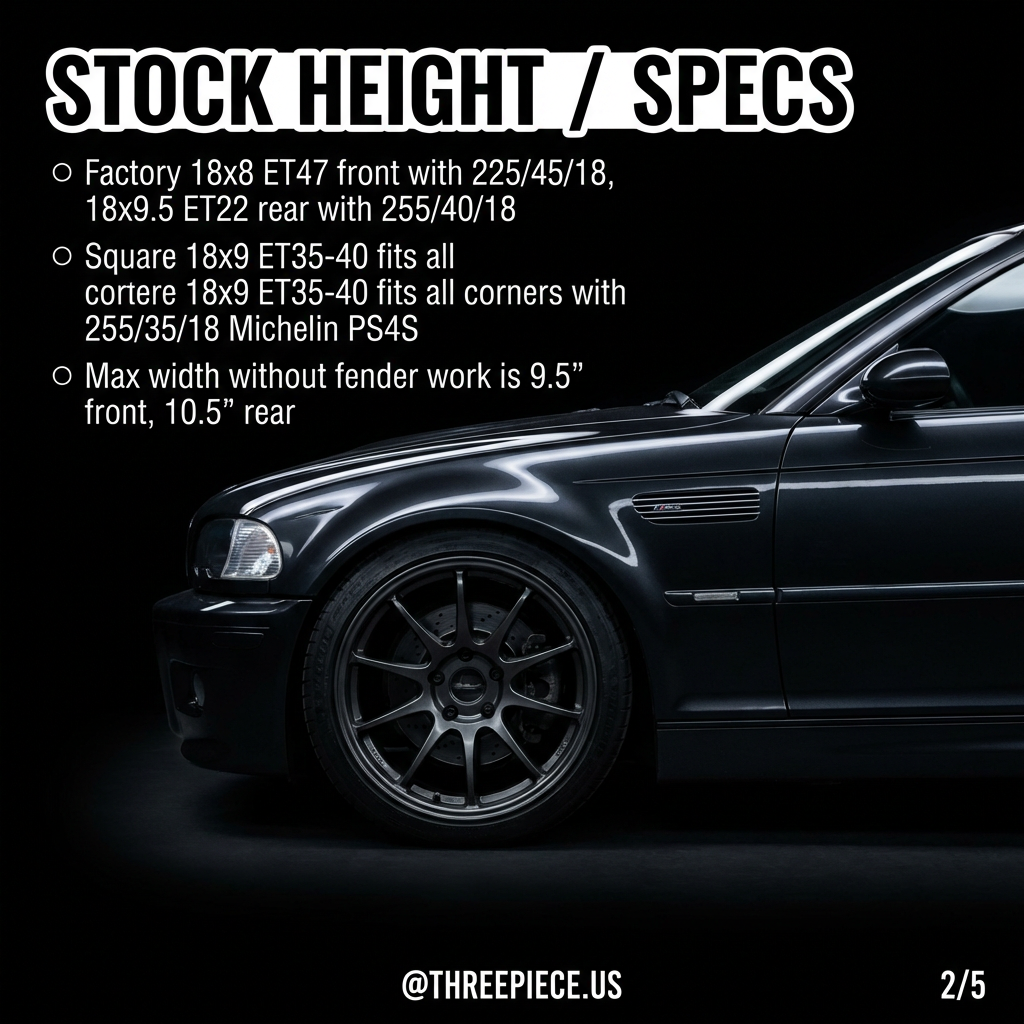 BMW E46 M3 stock height wheel fitment specifications diagram