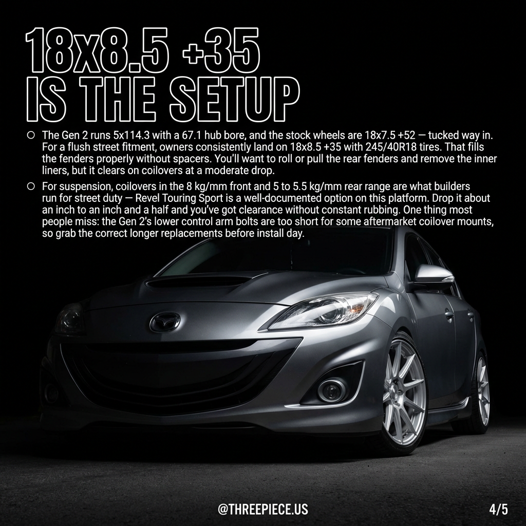 Mazdaspeed 3 Gen 2 wheel fitment 18x8.5 +35 5x114.3 flush