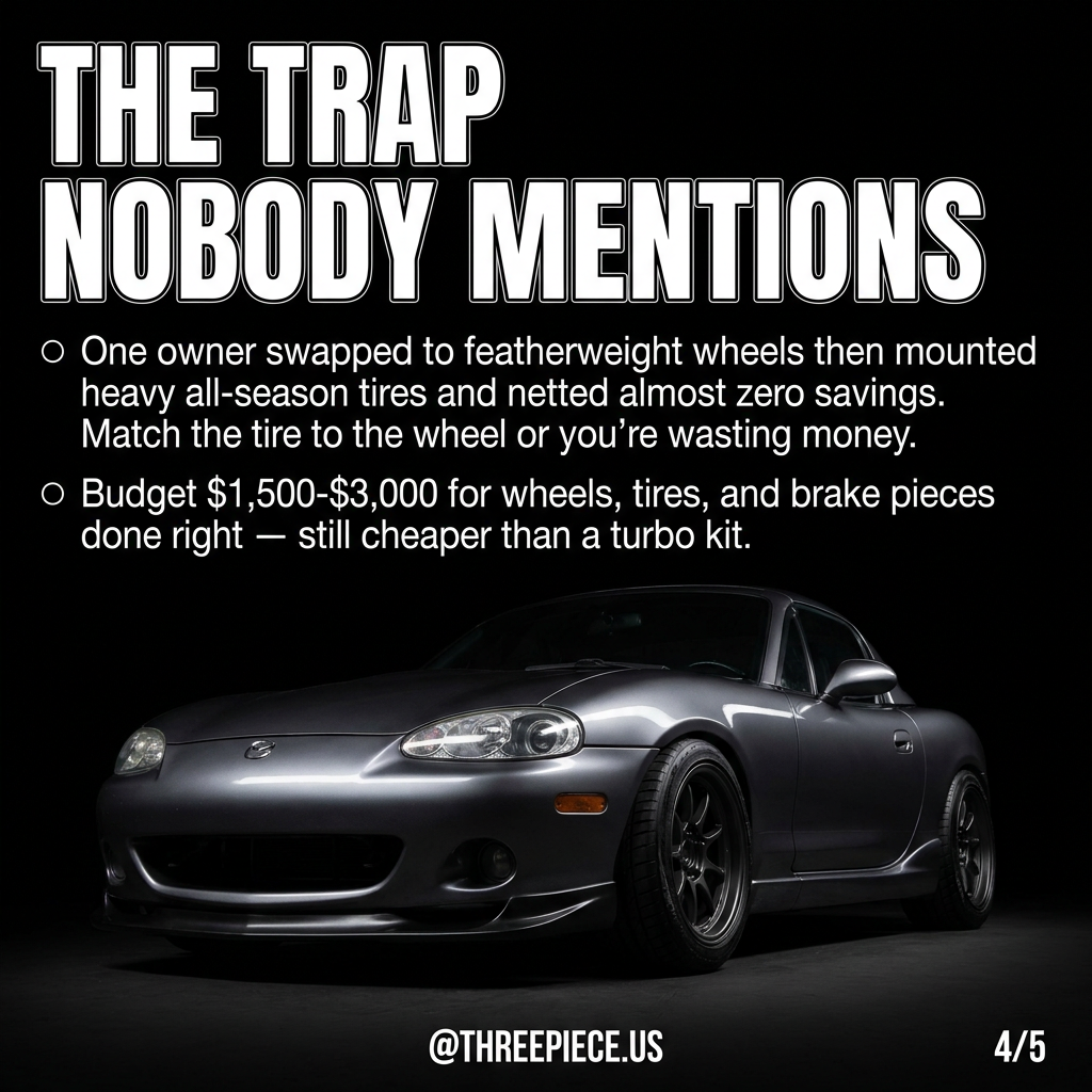 NB Miata tire weight comparison showing heavy all-season versus lightweight performance tire