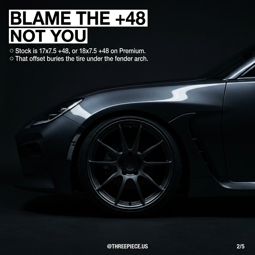Subaru BRZ ZD8 stock 18x7.5 +48 wheel showing conservative factory offset