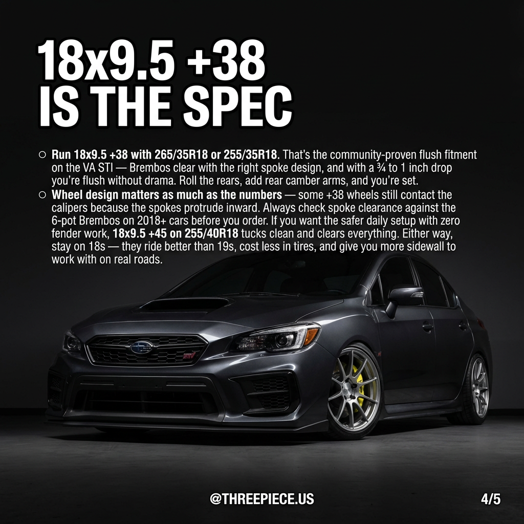 2015-2021 Subaru WRX STI VA wheel fitment 18x9.5 +38 with Brembo clearance