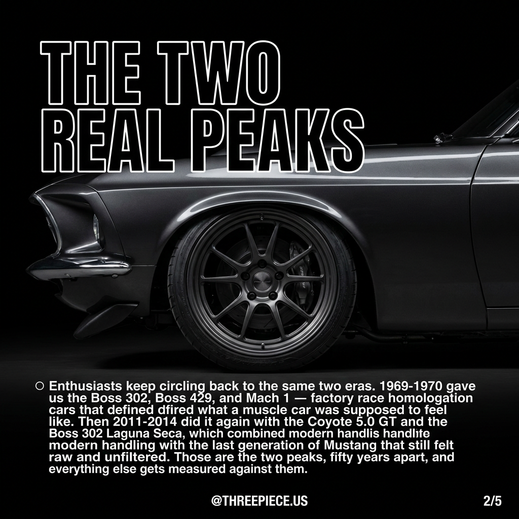 1969 Boss 302 and 2013 Mustang Boss 302 Laguna Seca representing the two peak Mustang generations
