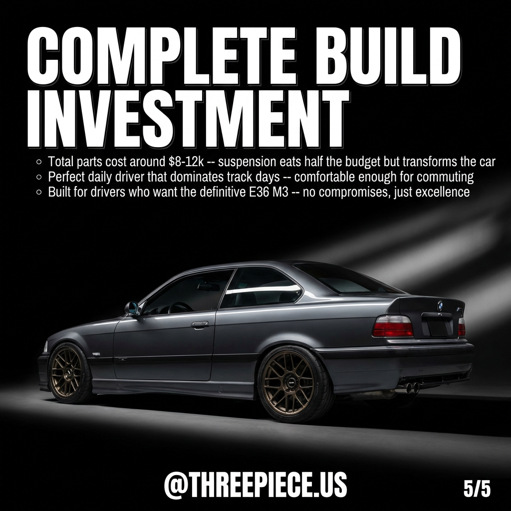 Complete BMW E36 M3 build showing suspension, wheels, and engine modifications