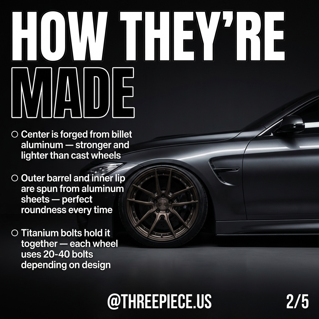 Forged aluminum center and spun barrel components of 3-piece wheel