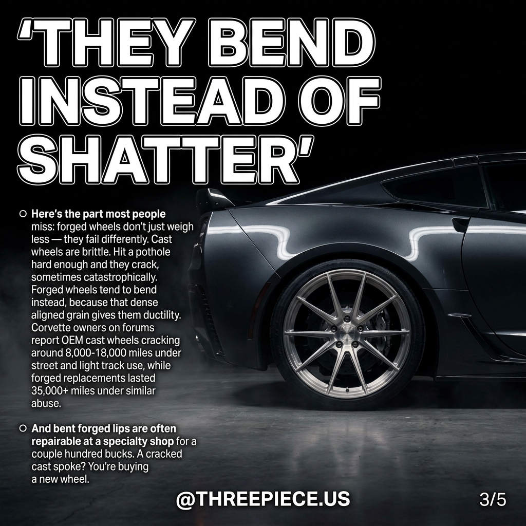 Forged wheel bending on impact versus cast wheel cracking and shattering