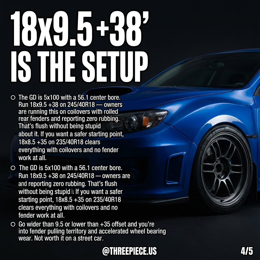 Subaru WRX GD wheel fitment 18x9.5 +38 flush setup on 5x100 bolt pattern