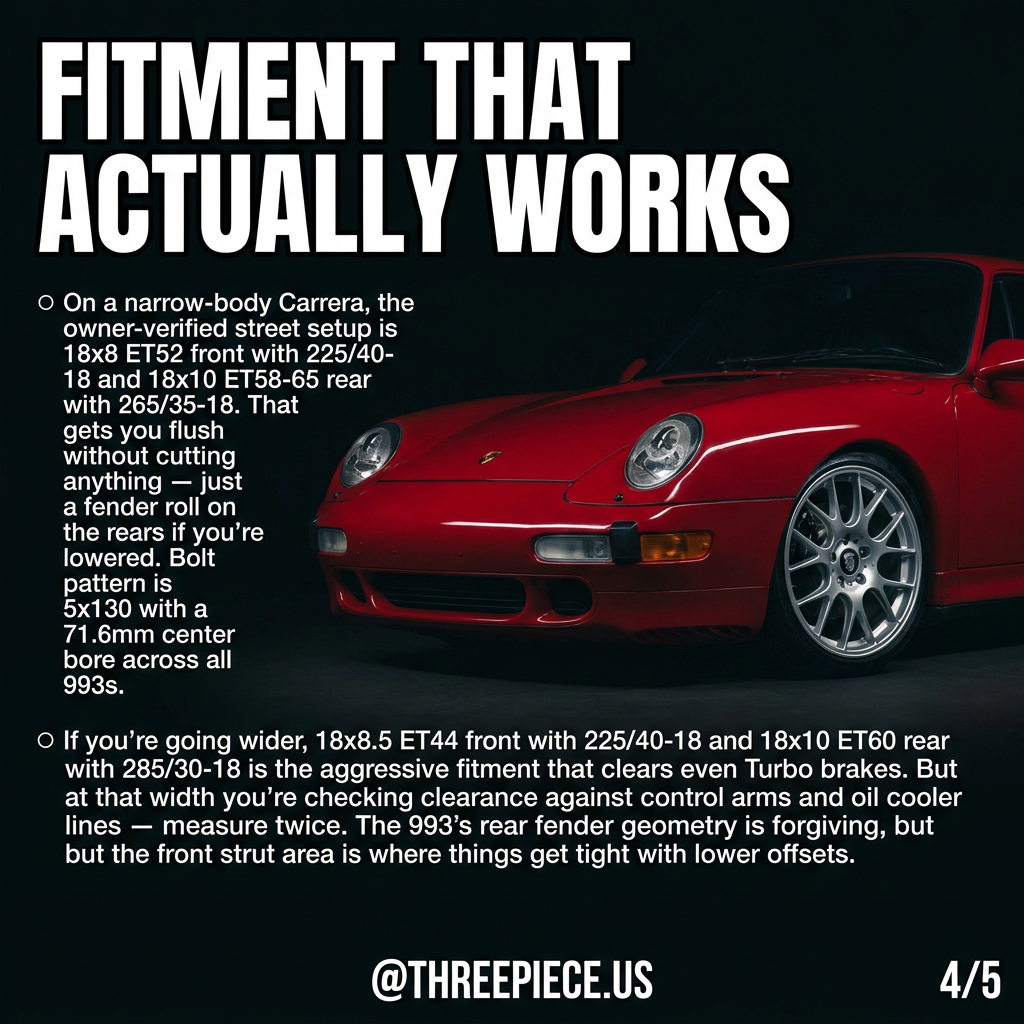 Porsche 993 Carrera wheel fitment showing 18x10 rear with 265/35R18 tires