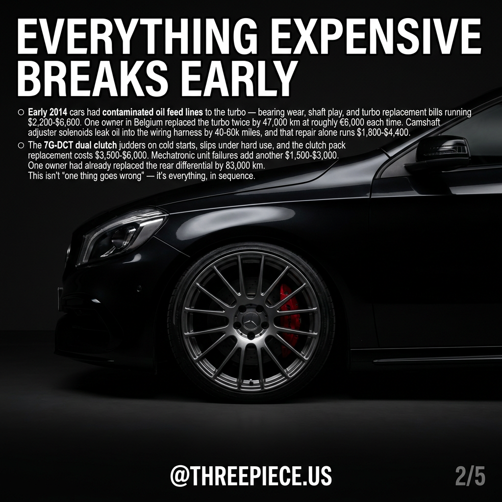 Mercedes A45 AMG M133 engine bay showing turbo and intake components prone to failure