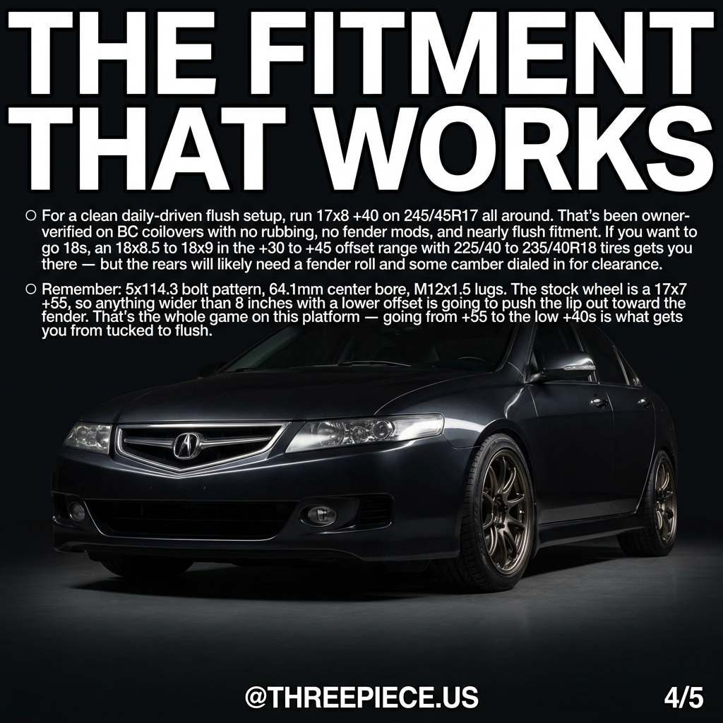 Acura TSX wheel fitment 17x8 and 18x8.5 flush setup on 5x114.3 bolt pattern