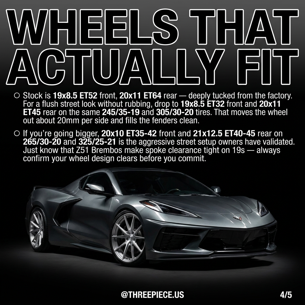 C8 Corvette wheel fitment specs showing flush 19x8.5 front and 20x11 rear setup