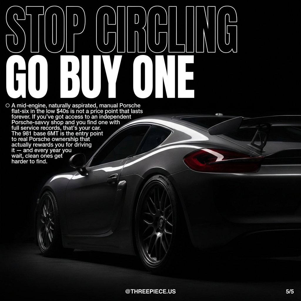 Porsche 981 Cayman with aftermarket 3-piece wheels on canyon road