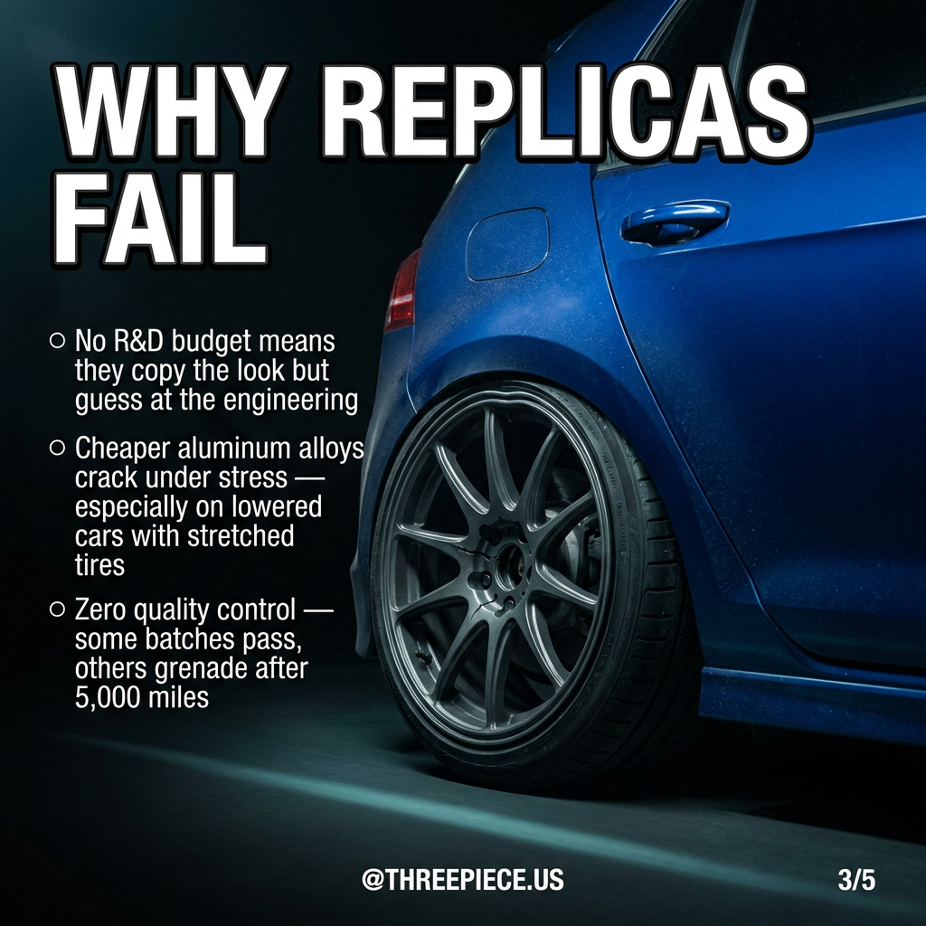 Replica wheel stress failure points showing where cheap alloys crack