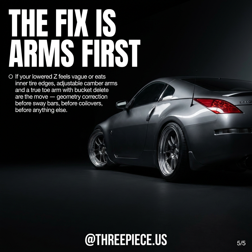 Correct mod order for lowered 350Z: adjustable camber arms, toe arms, alignment, then coilovers