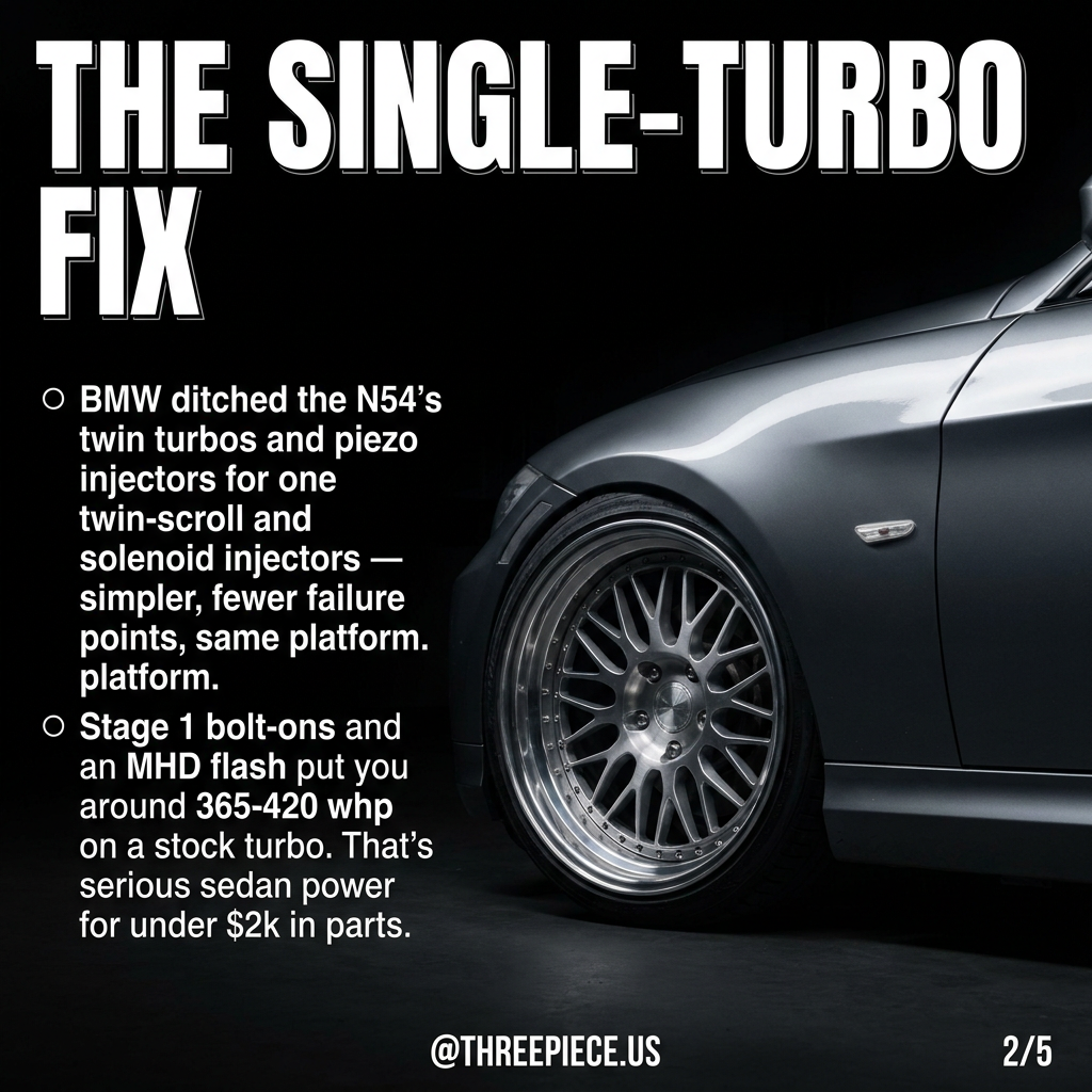 N55 single twin-scroll turbo engine in BMW E90 335i engine bay