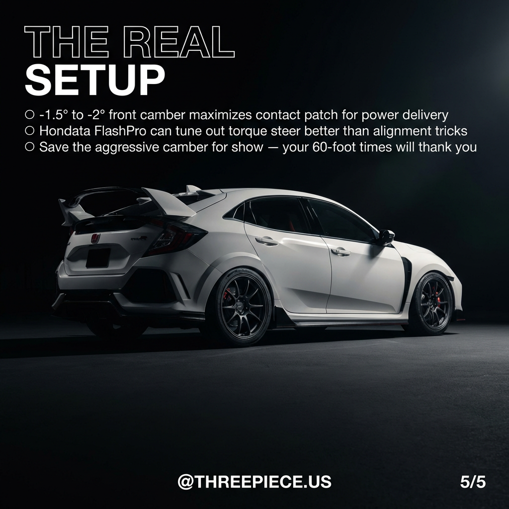 Properly aligned FK8 Type R showing optimal camber setup for performance