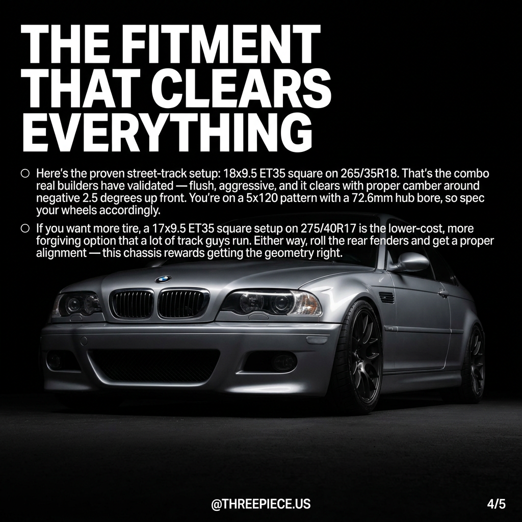 BMW E46 M3 wheel fitment 18x9.5 ET35 square 265/35R18 5x120 bolt pattern