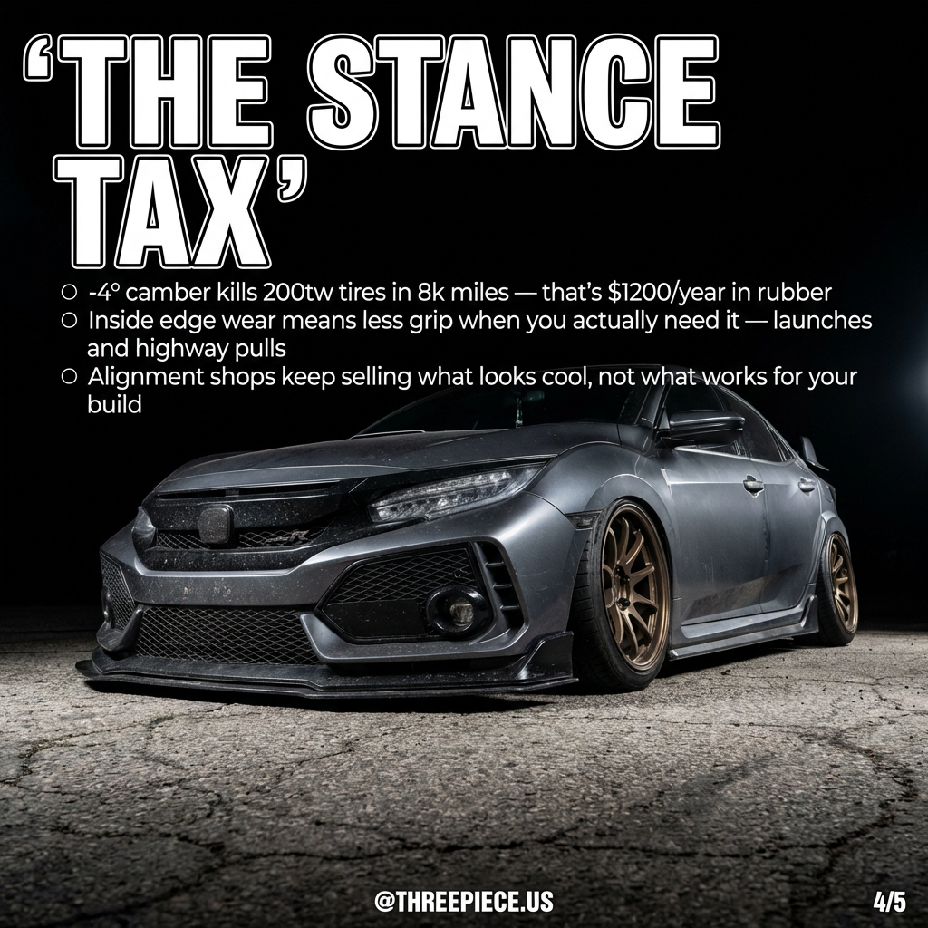 Worn tire showing inside edge damage from excessive negative camber