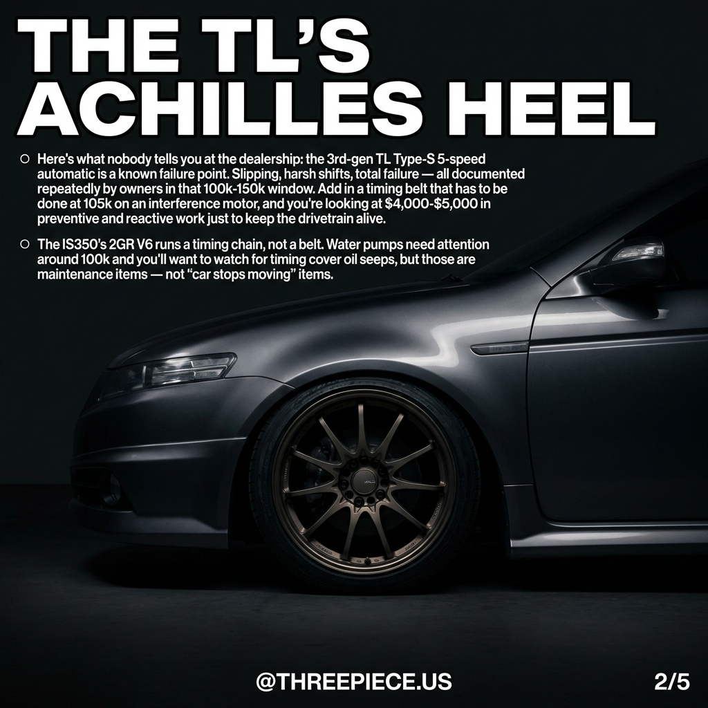 Acura TL Type-S 5-speed automatic transmission failure points and timing belt maintenance costs
