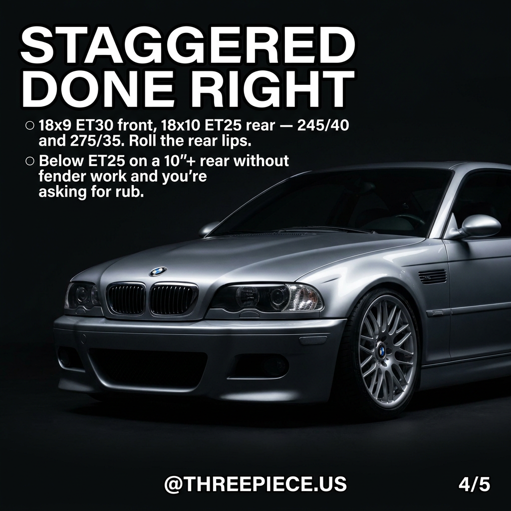 BMW E46 M3 staggered wheel setup 18x9 front 18x10 rear with rolled fenders