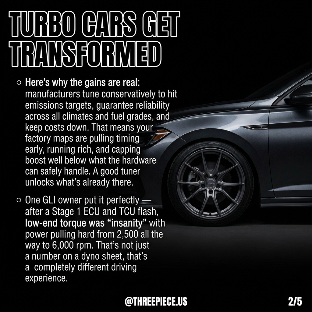 Turbo car ECU tune gains chart showing before and after dyno results