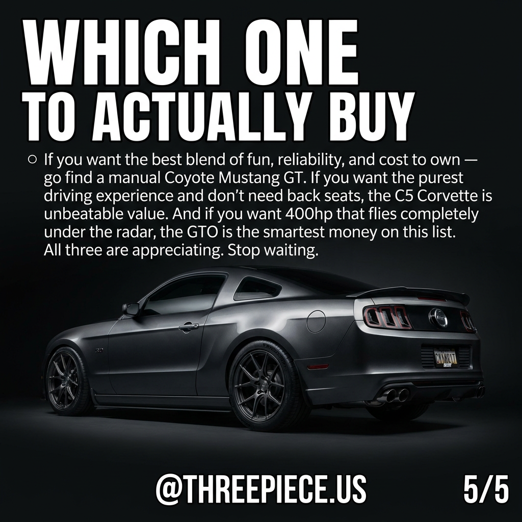 V8 car buying guide comparison Mustang GT vs C5 Corvette vs Pontiac GTO