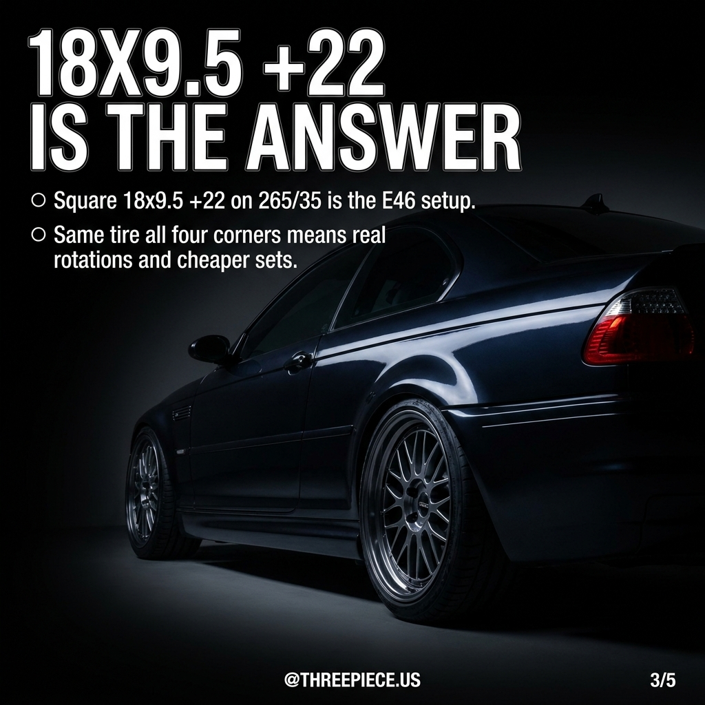 Square 18x9.5 +22 wheel setup on BMW E46 M3 with 265/35R18 tires
