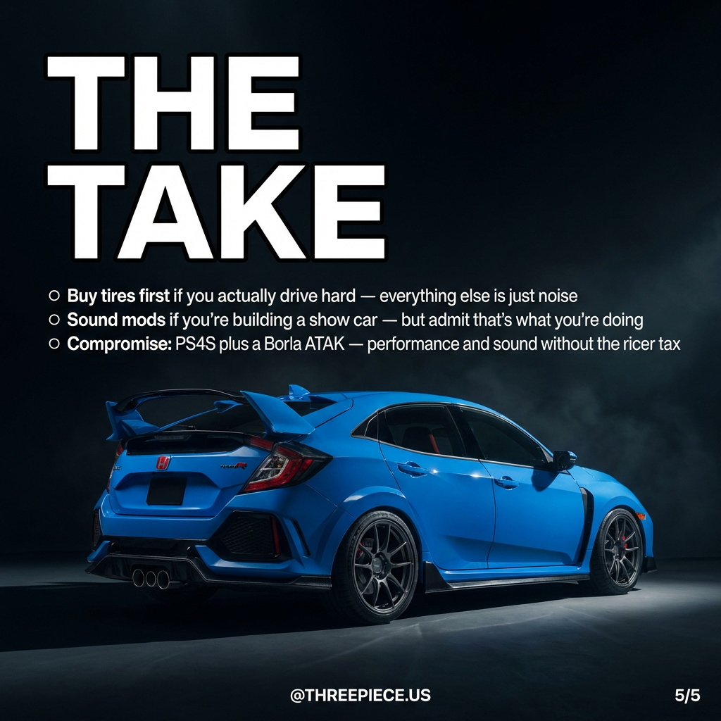 Complete FK8 Type R build showing Pilot Sport 4S tires with performance exhaust system