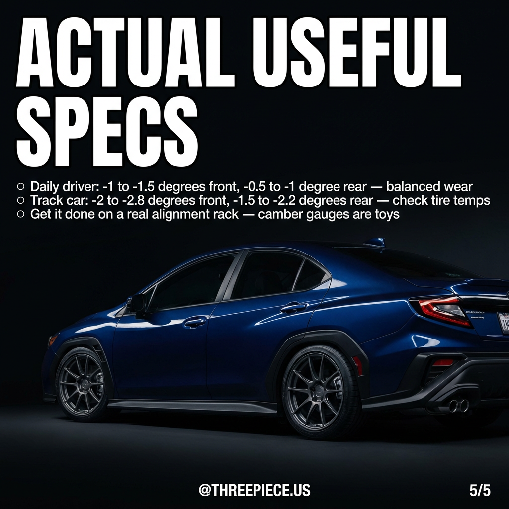 Camber specification chart showing optimal settings for street vs track use