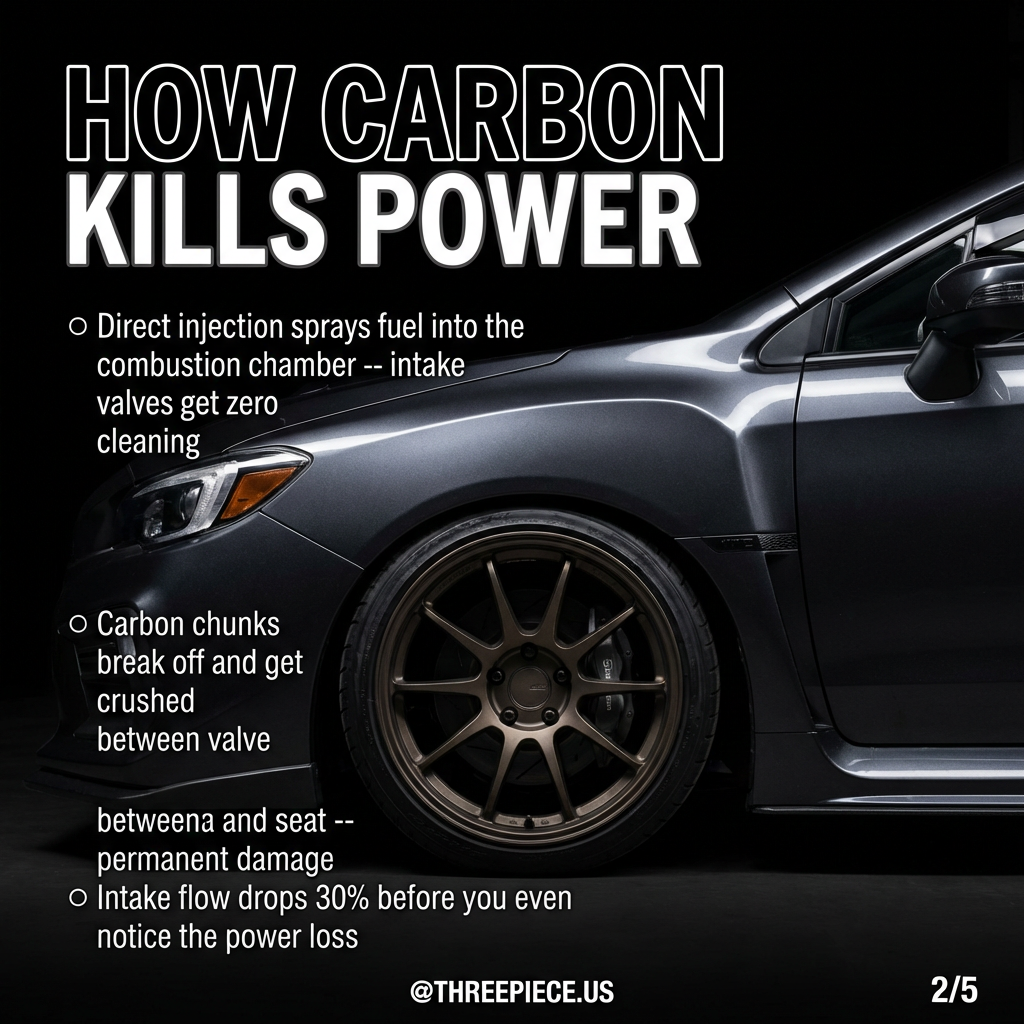 Diagram showing direct injection fuel spray bypassing intake valves causing carbon deposits on FA20DIT
