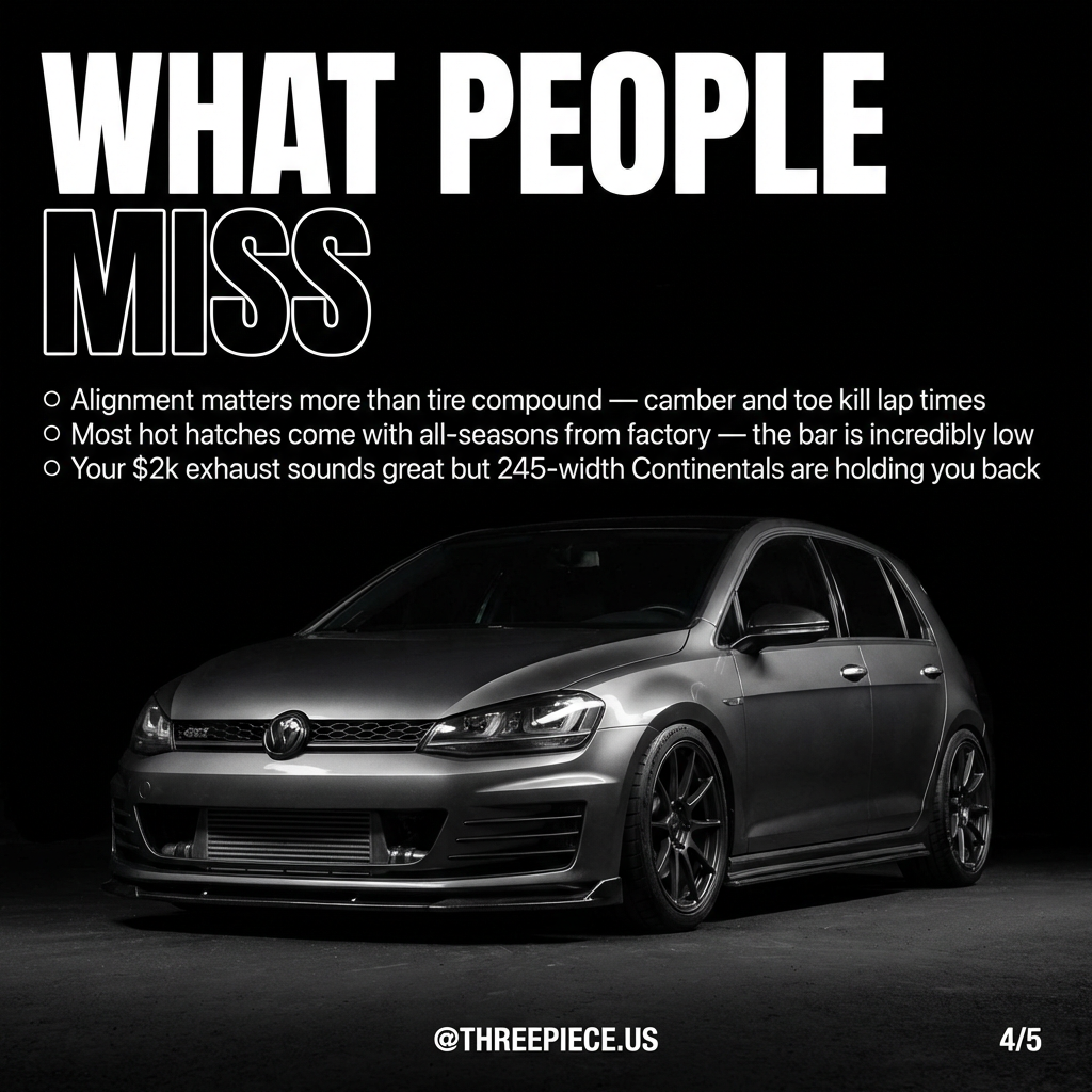 Wheel alignment setup showing camber and toe adjustments on hot hatch