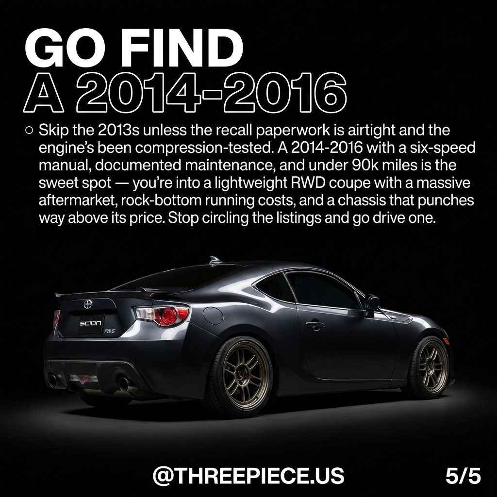 Clean 2015 Scion FR-S in parking lot showing stock body lines